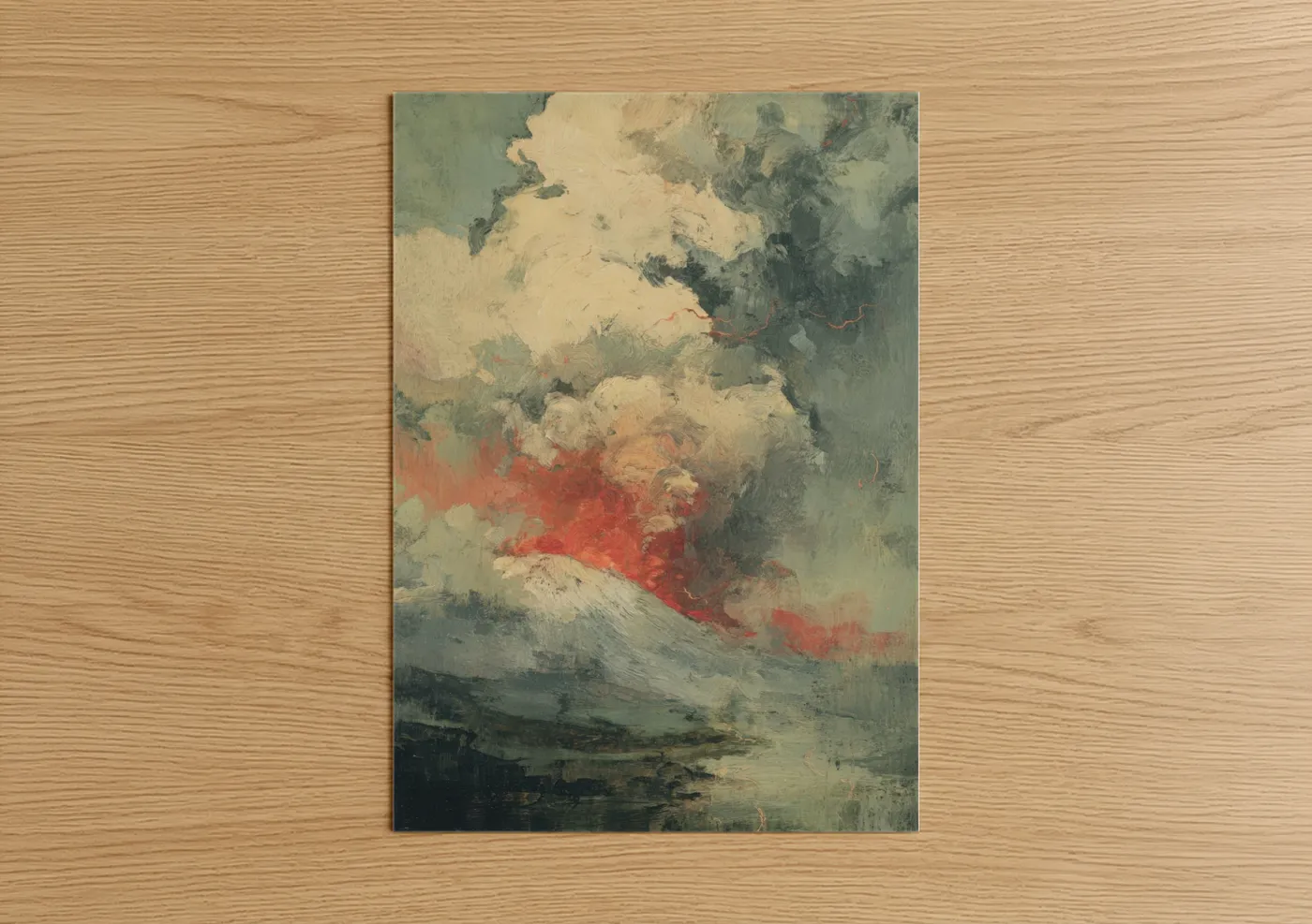 Art print on warm oak wood — red and gray palette — Crimson Volcano Eruption poster
