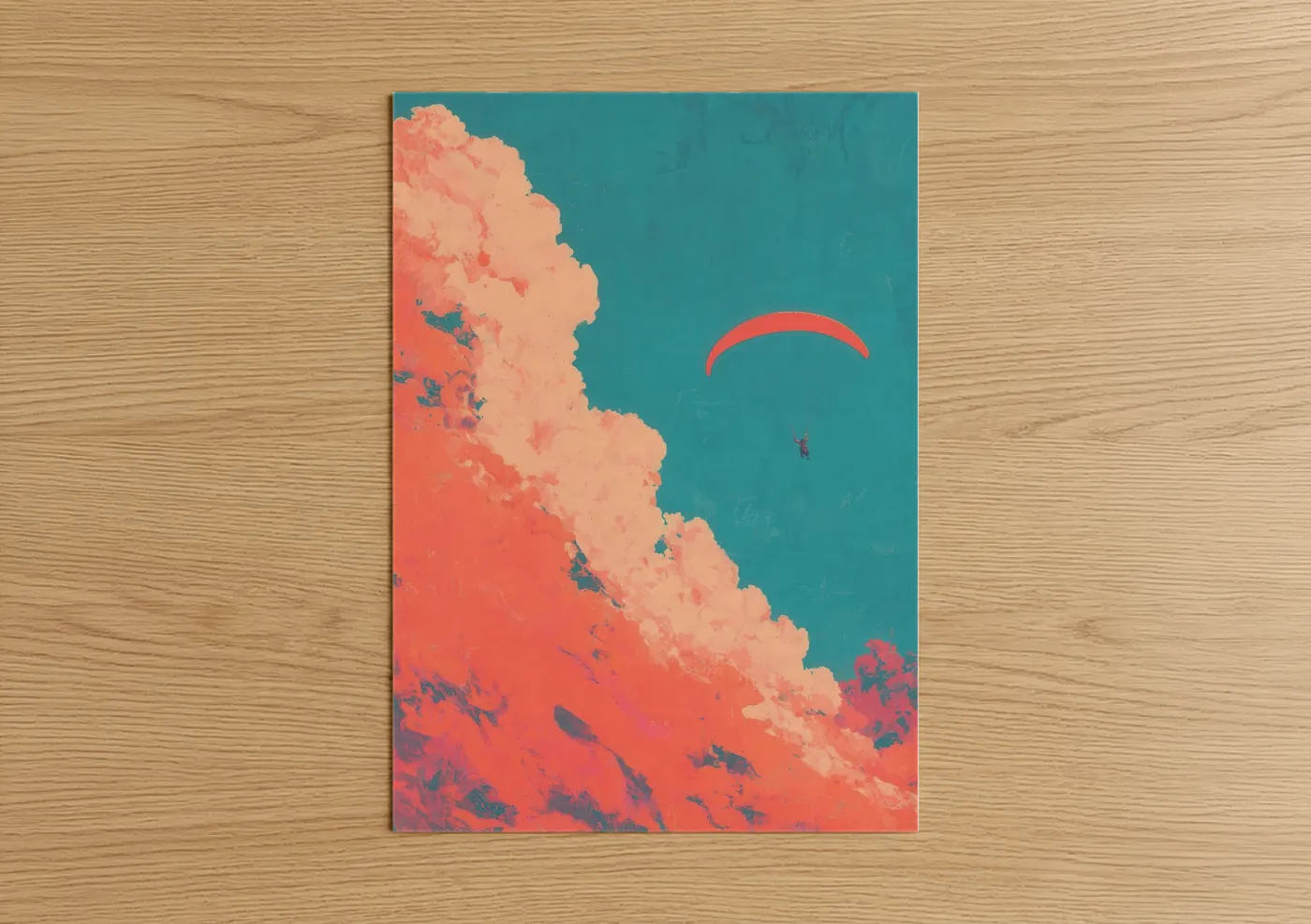 Paragliding art print on warm oak wood — turquoise and salmon pink palette — Coastal Paraglider poster