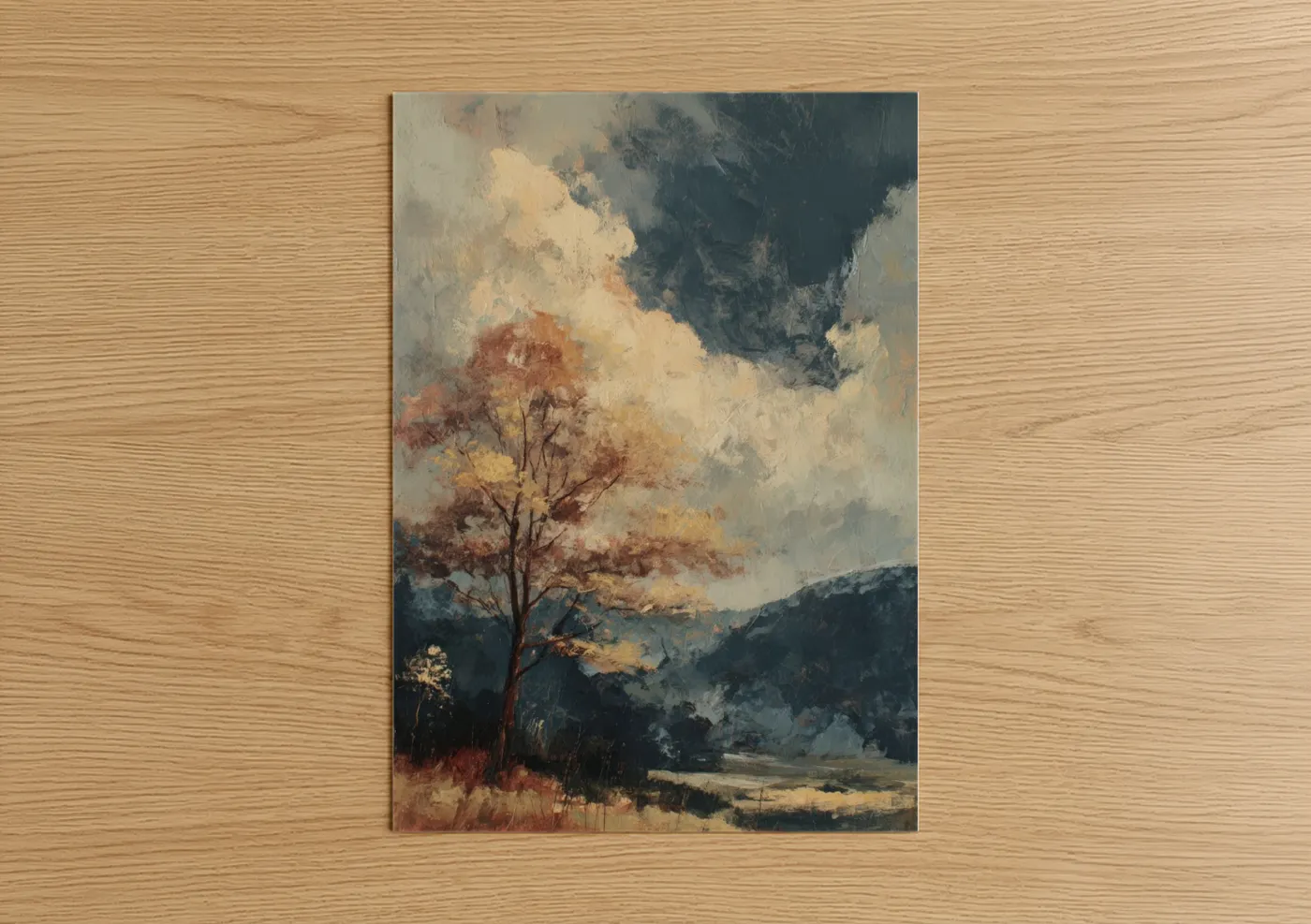 Art print on warm oak wood — gold and dark blue palette — Autumn Dogwood poster