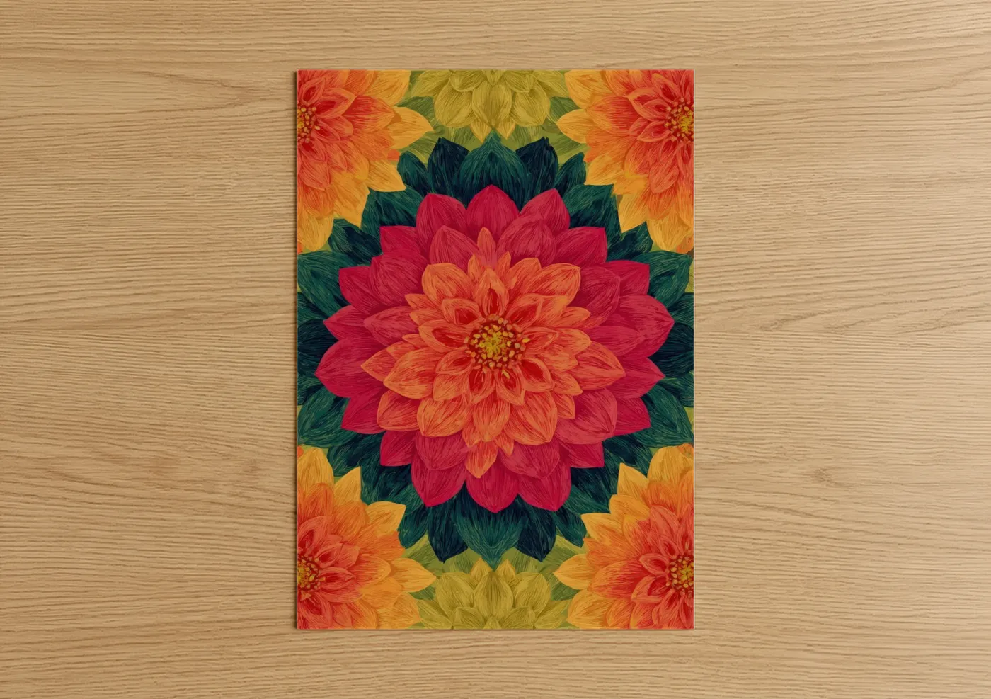 Art print on warm oak wood — red and gold palette — Crimson Dahlia Bloom poster