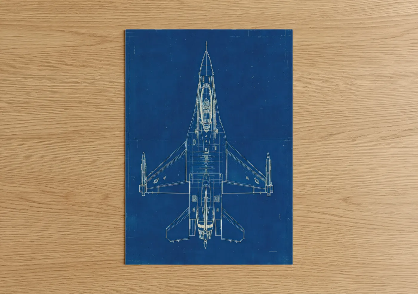 Military plane art print on warm oak wood — dark blue and white palette — Fighter Jet Blueprint poster