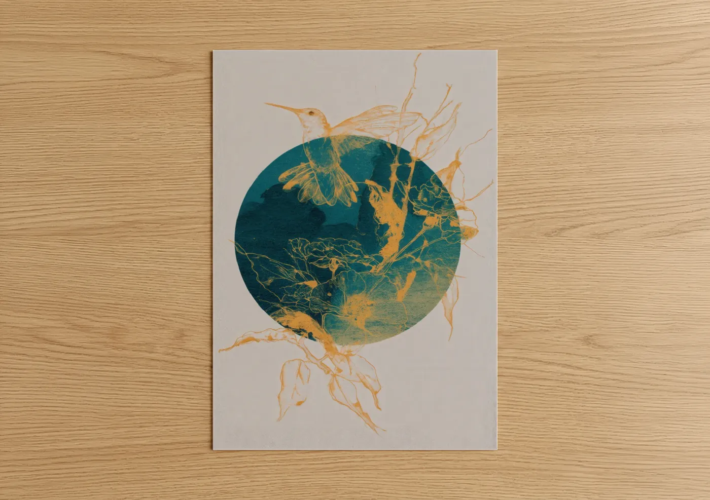 Art print on warm oak wood — teal and gold palette — Golden Hummingbird poster