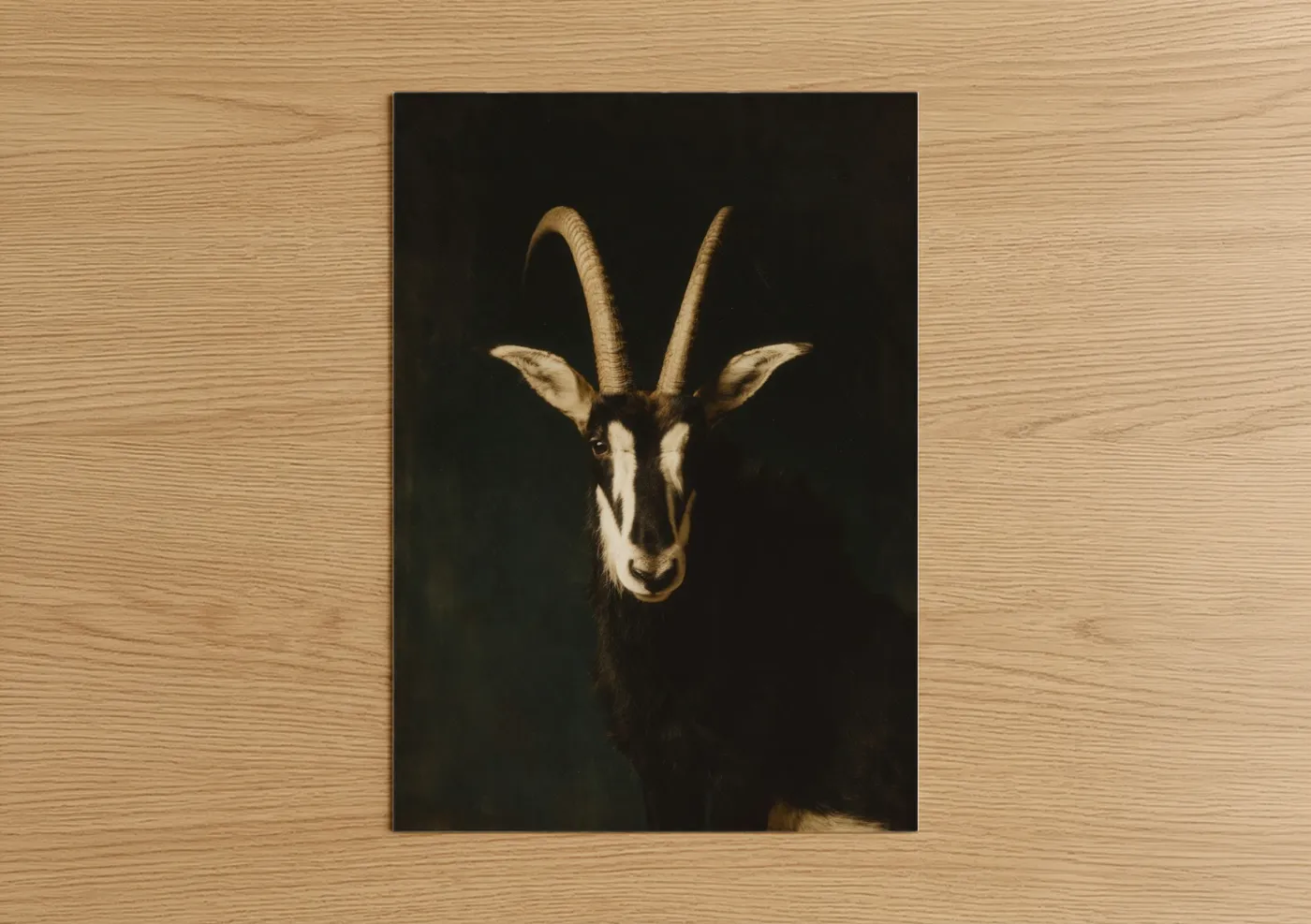 Art print on warm oak wood — gold and black palette — Golden Antelope poster