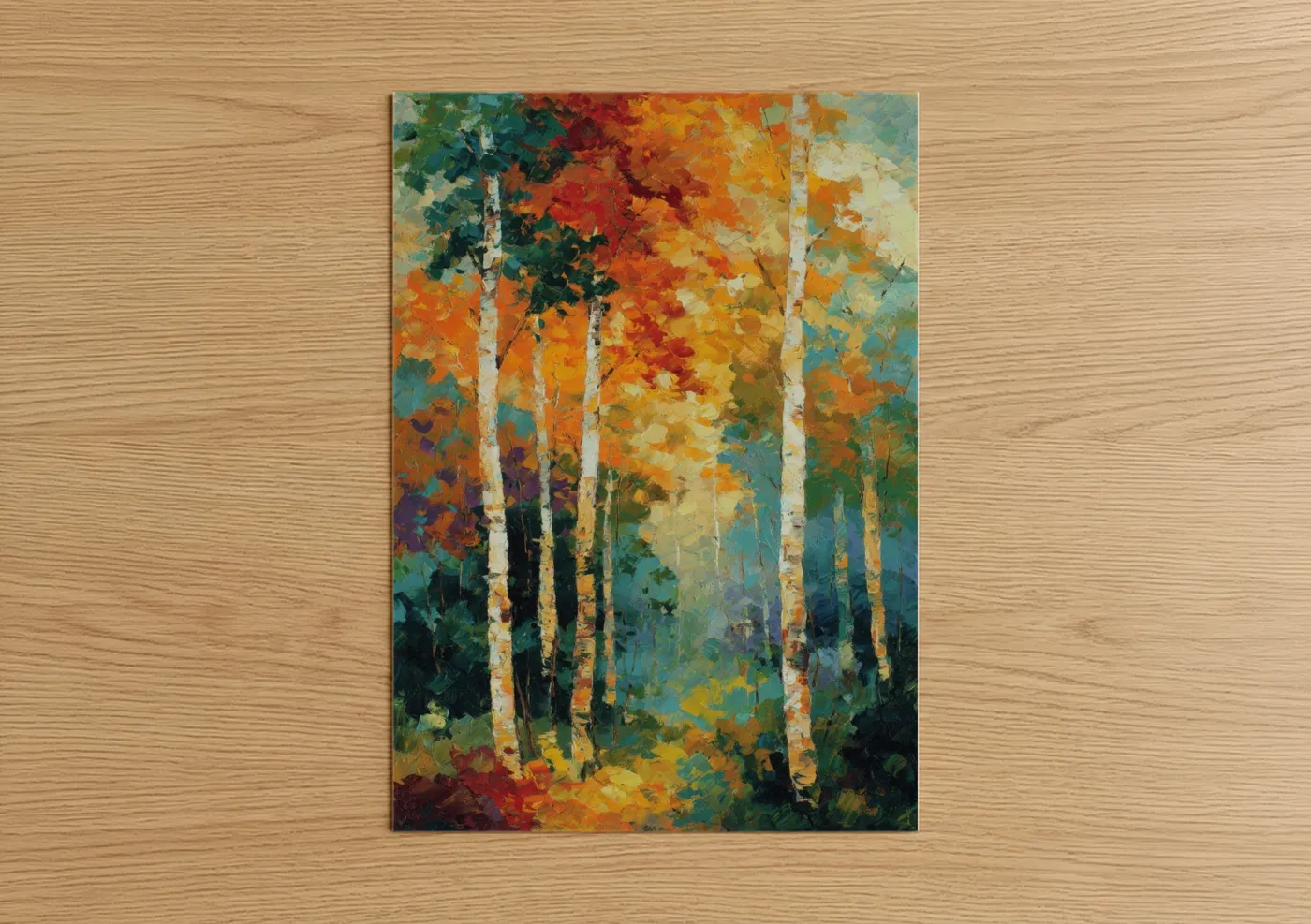 Art print on warm oak wood — gold and teal palette — Autumn Birch Forest poster