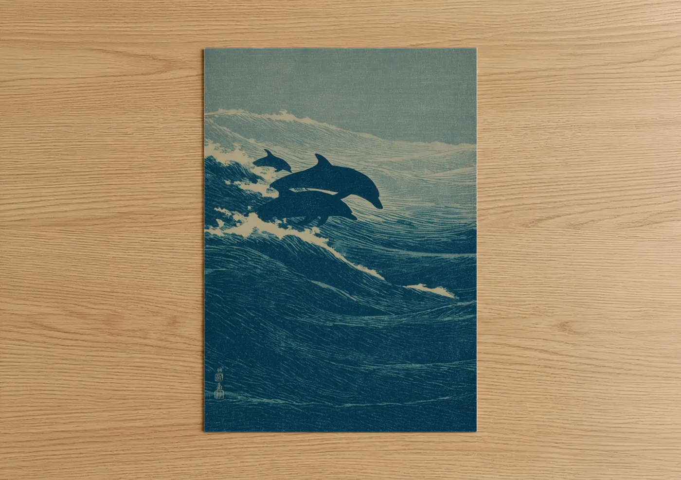 Art print on warm oak wood — teal and cream palette — Leaping Dolphins poster