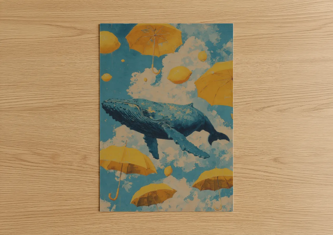 Blue whale art print on warm oak wood — blue and gold palette — Dreaming Whale poster