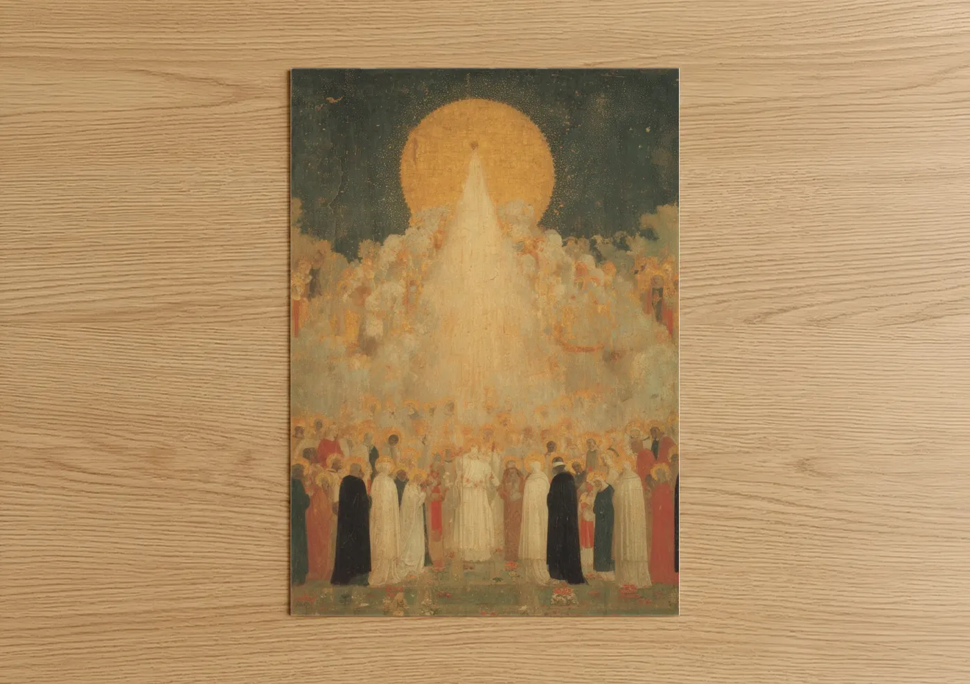 All saints day art print on warm oak wood — gold and cream palette — Celestial Ascension poster