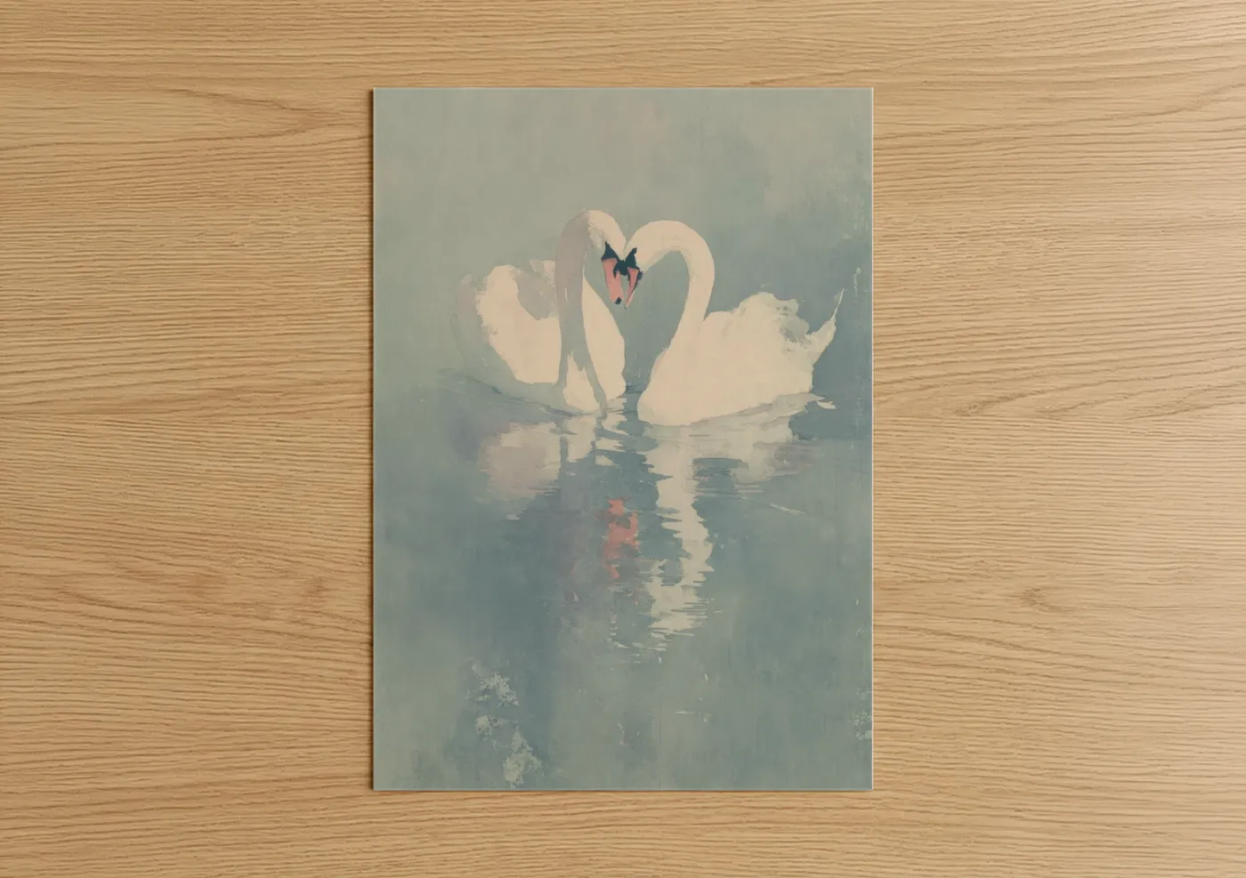 Valentine's day art print on warm oak wood — gray and white palette — Misty Swan Pair poster