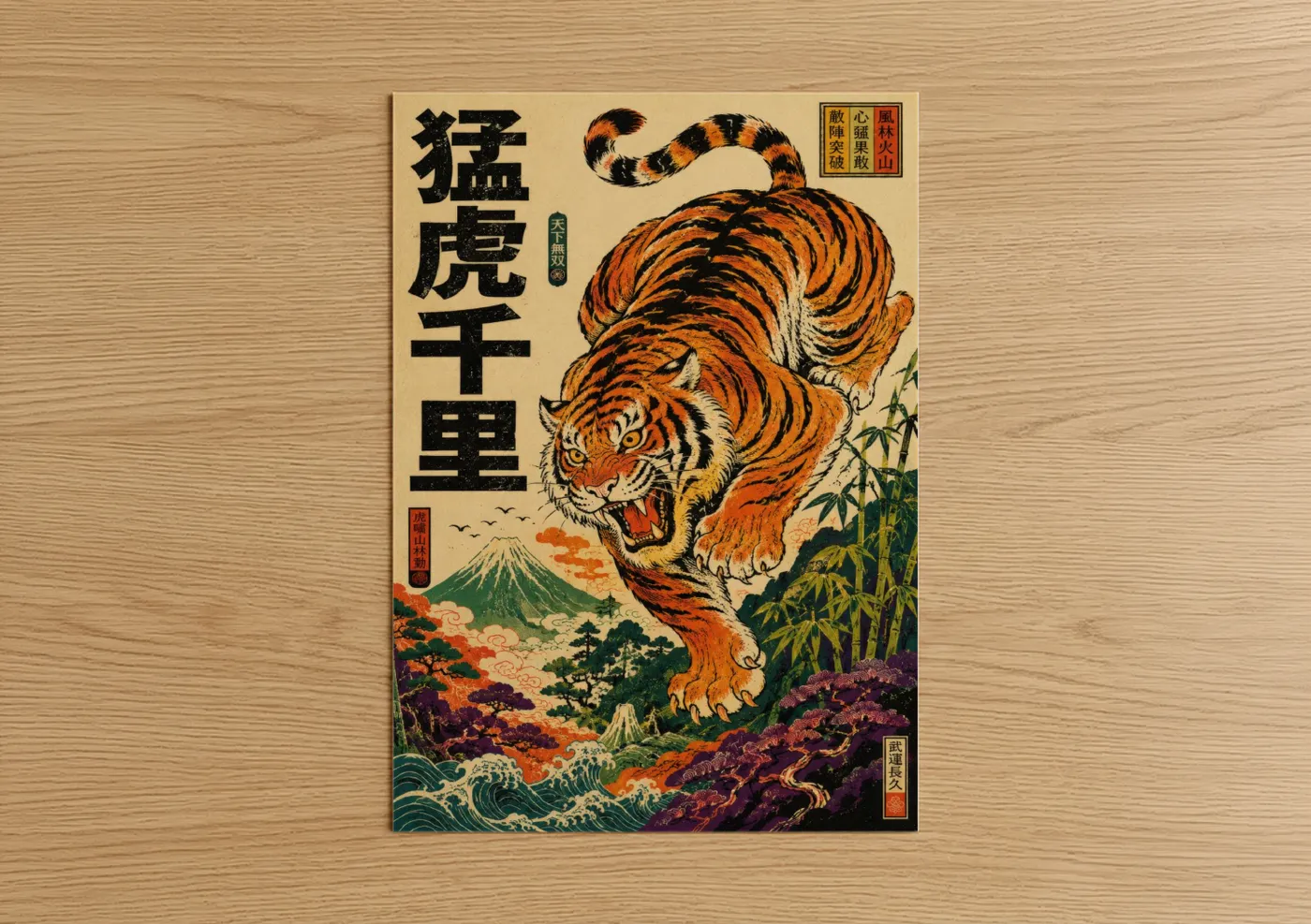 Art print on warm oak wood — orange and beige palette — Japanese Tiger Mountain Landscape Wall Art poster