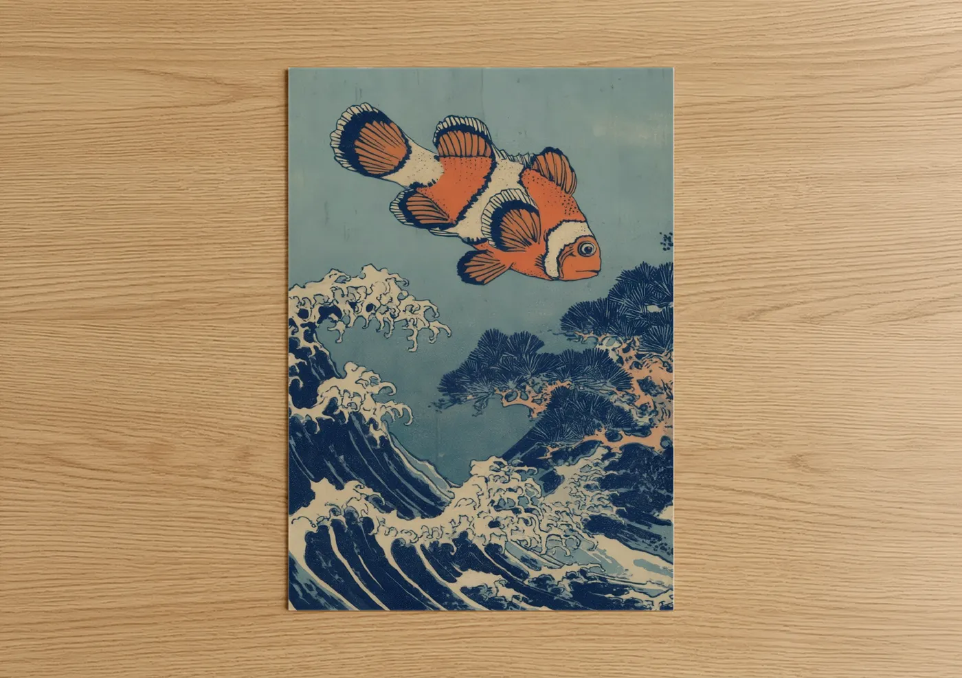 Art print on warm oak wood — blue and white and orange palette — Clown Fish Wave poster