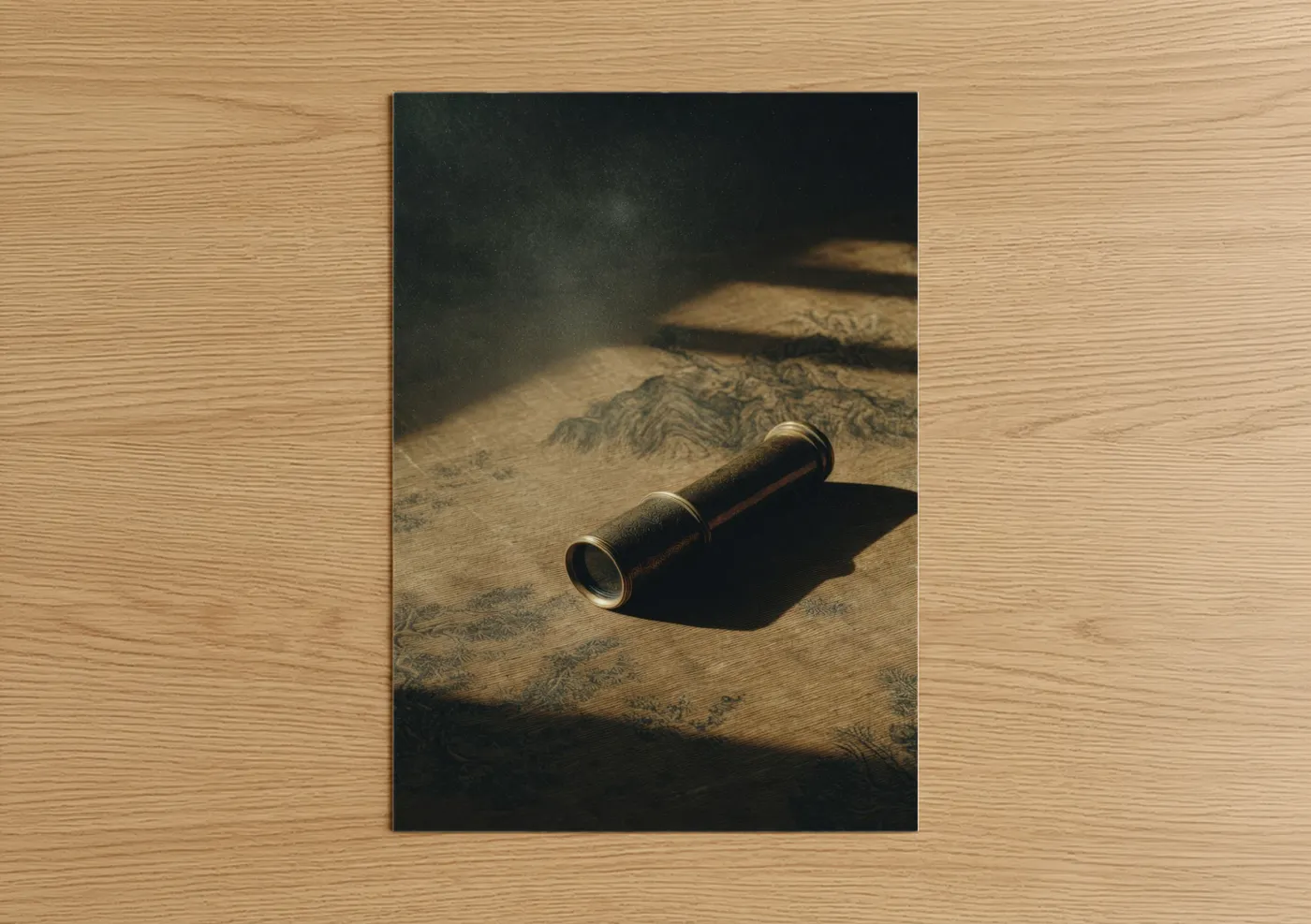 Art print on warm oak wood — gold and brown palette — Vintage Spyglass poster