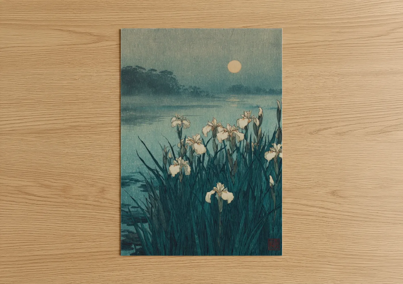 Art print on warm oak wood — teal and white palette — Moonlit Iris poster