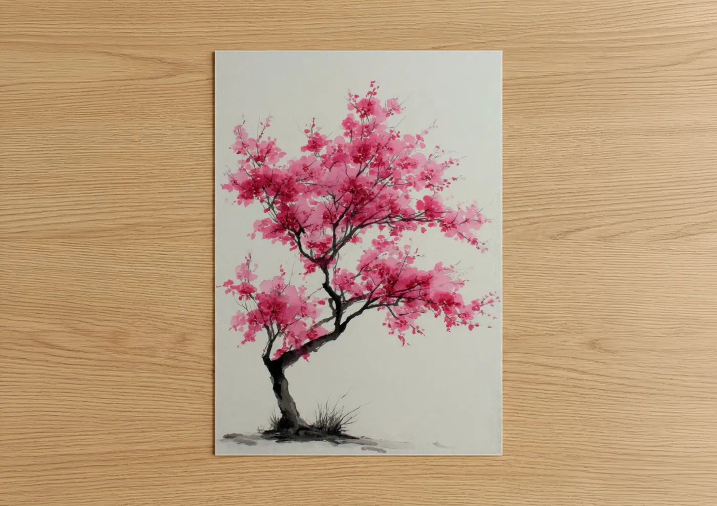 Cherry blossoms art print on warm oak wood — pink and black and white palette — Pink Blossom Tree poster