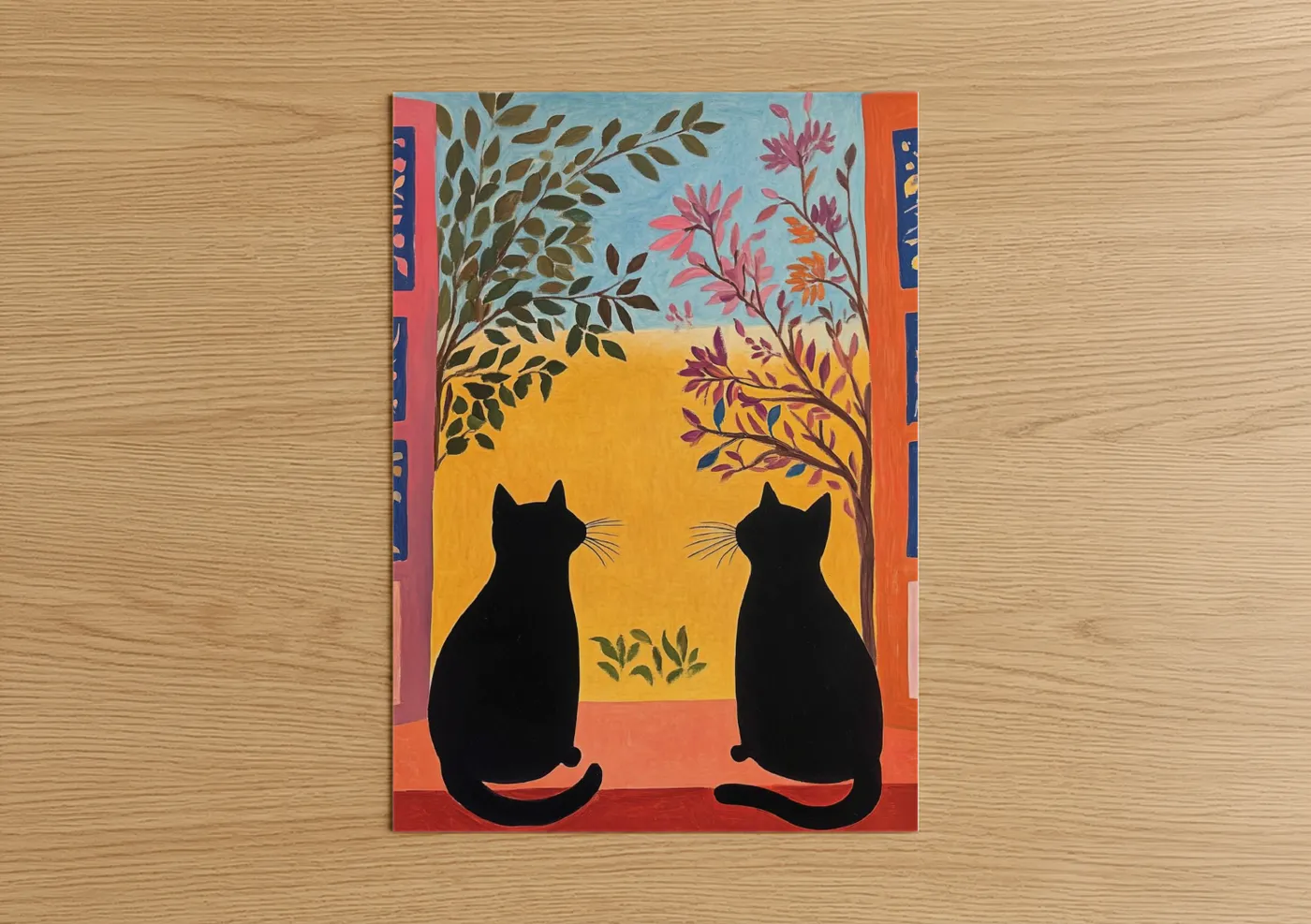 Black Cats Sunset Floral Garden Wall Art