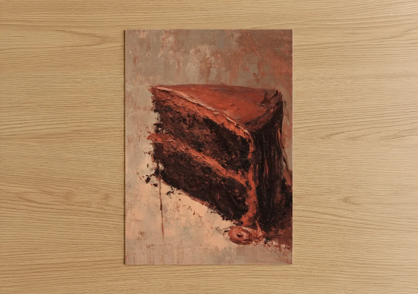 Sweet art print on warm oak wood — russet and cream palette — Chocolate Cake Slice poster