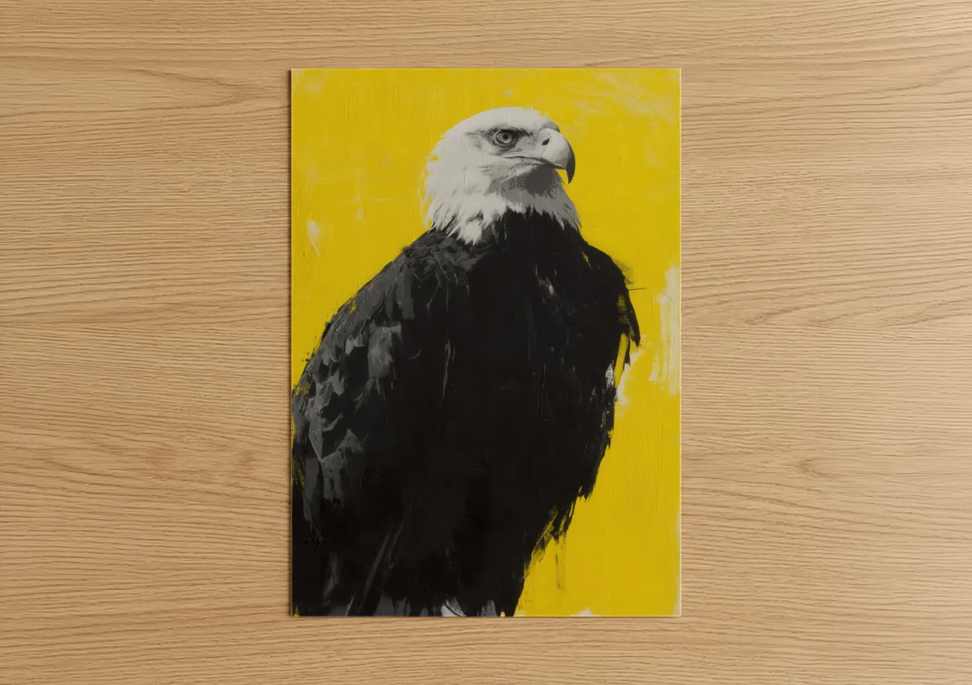 Art print on warm oak wood — yellow gold and black and white palette — Golden Eagle Portrait poster