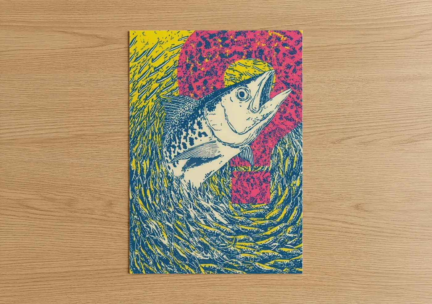 Art print on warm oak wood — magenta and yellow gold palette — Vibrant Marlin poster