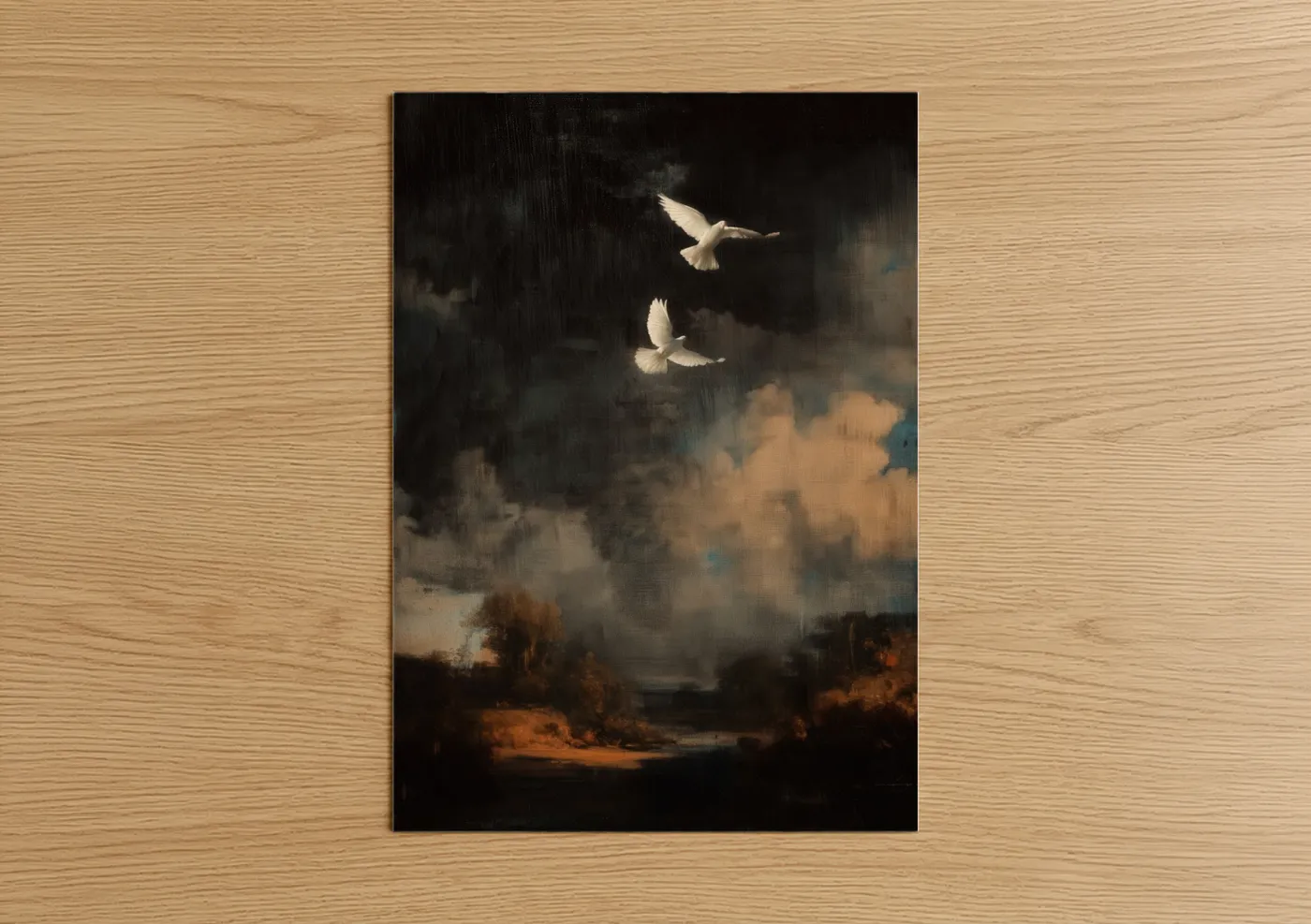 Art print on warm oak wood — black and white and gold palette — Ethereal Doves Ascending poster