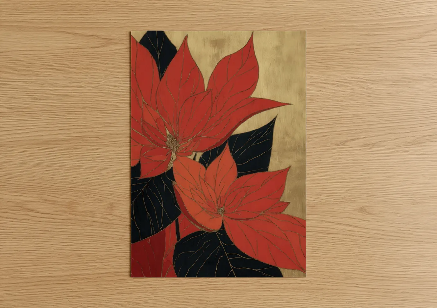 Poinsettias art print on warm oak wood — red and gold palette — Crimson Poinsettia poster