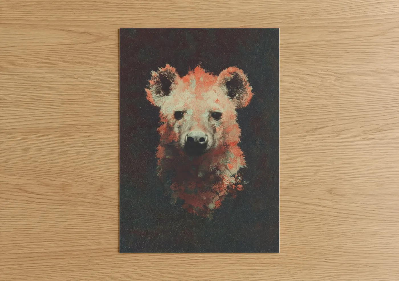 Art print on warm oak wood — russet and peach palette — Crimson Hyena poster