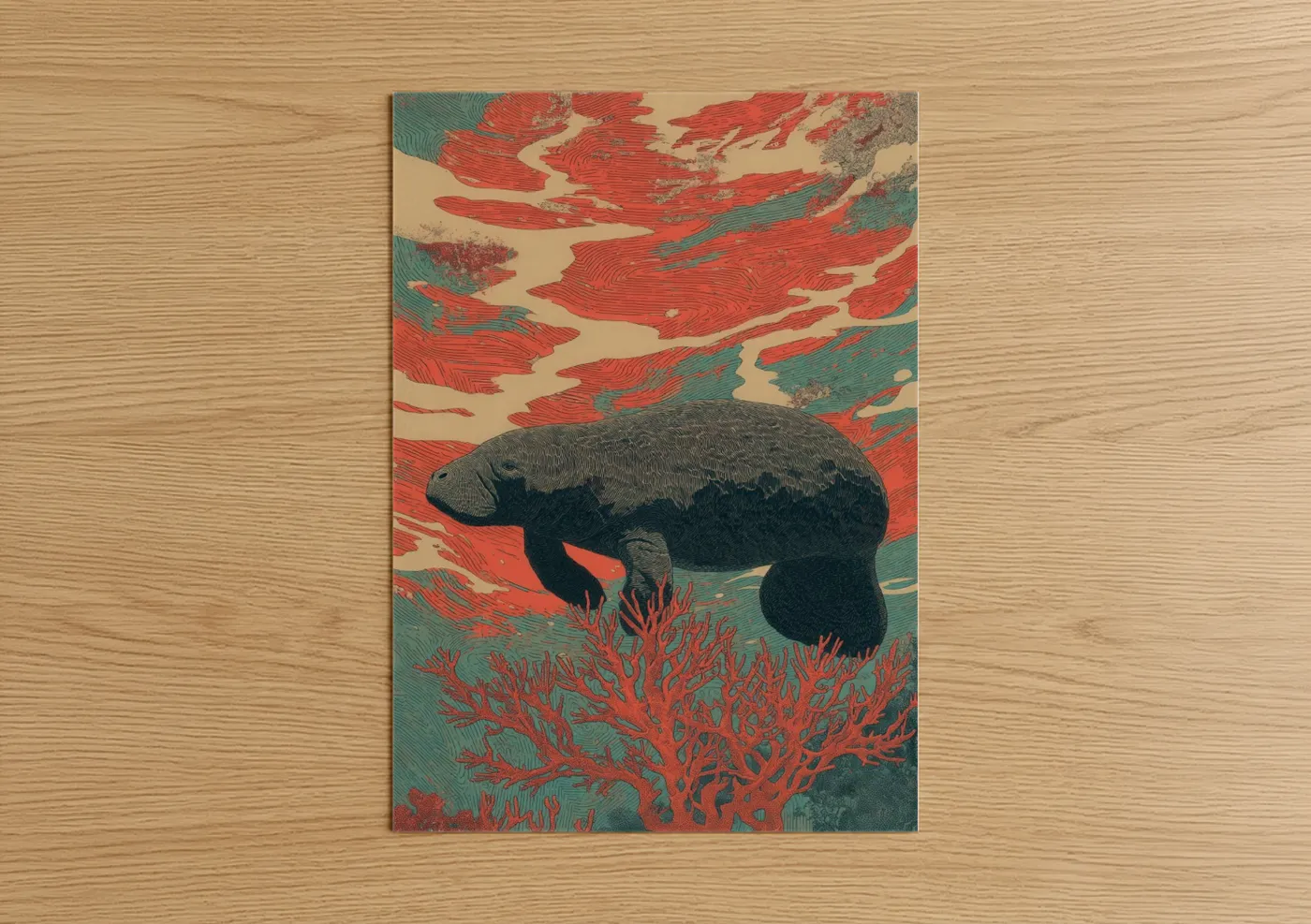 Coral Manatee Woodblock Art Print Wall Art