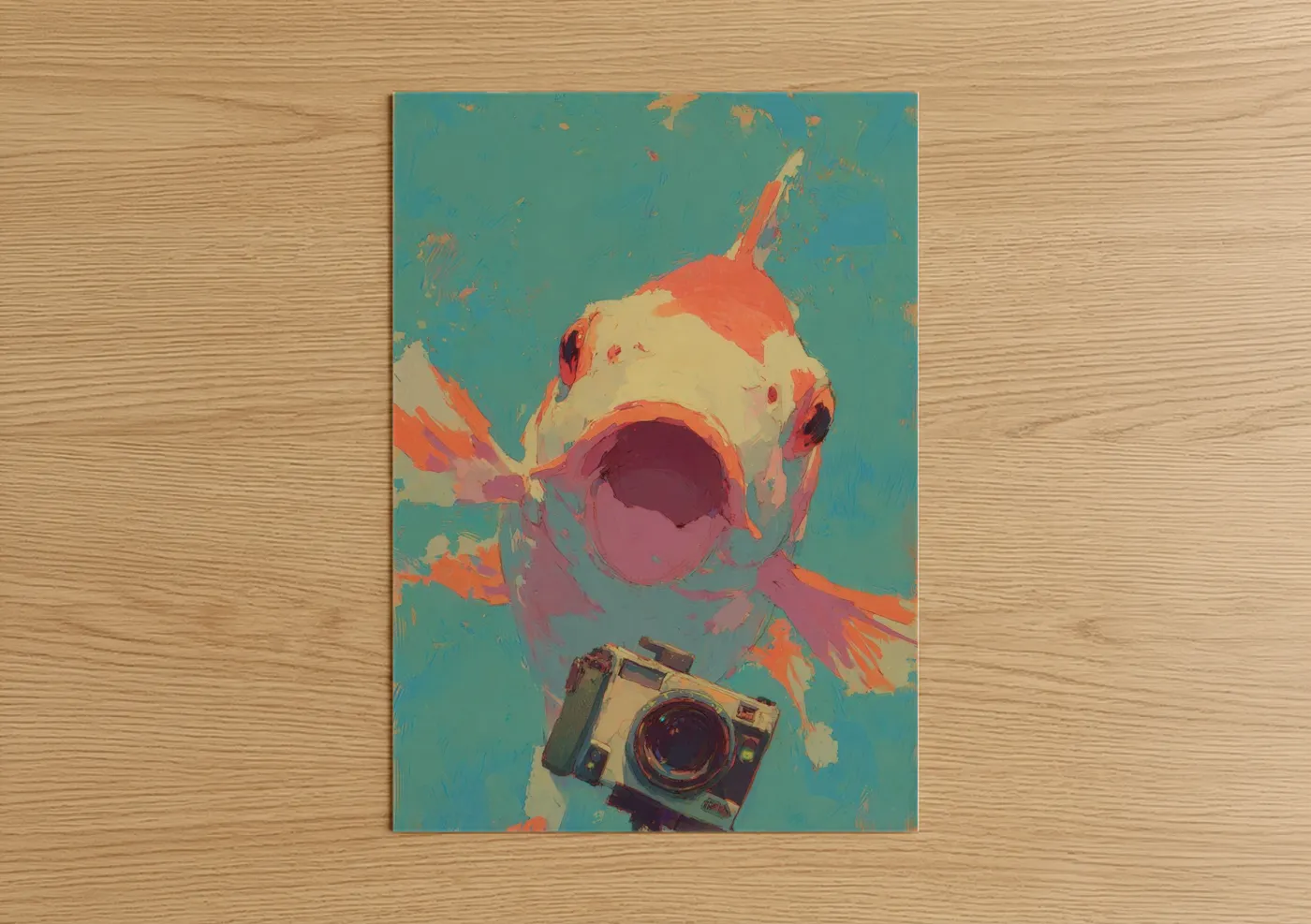 Art print on warm oak wood — teal and salmon pink palette — Colorful Koi Fish poster