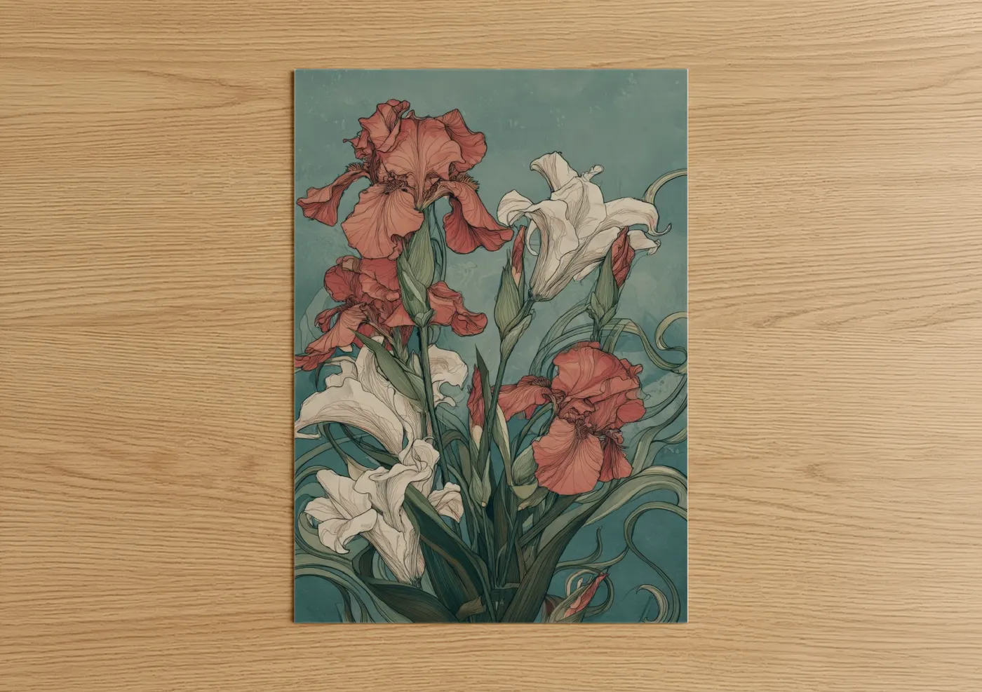 Coral and Cream Iris Floral Wall Art