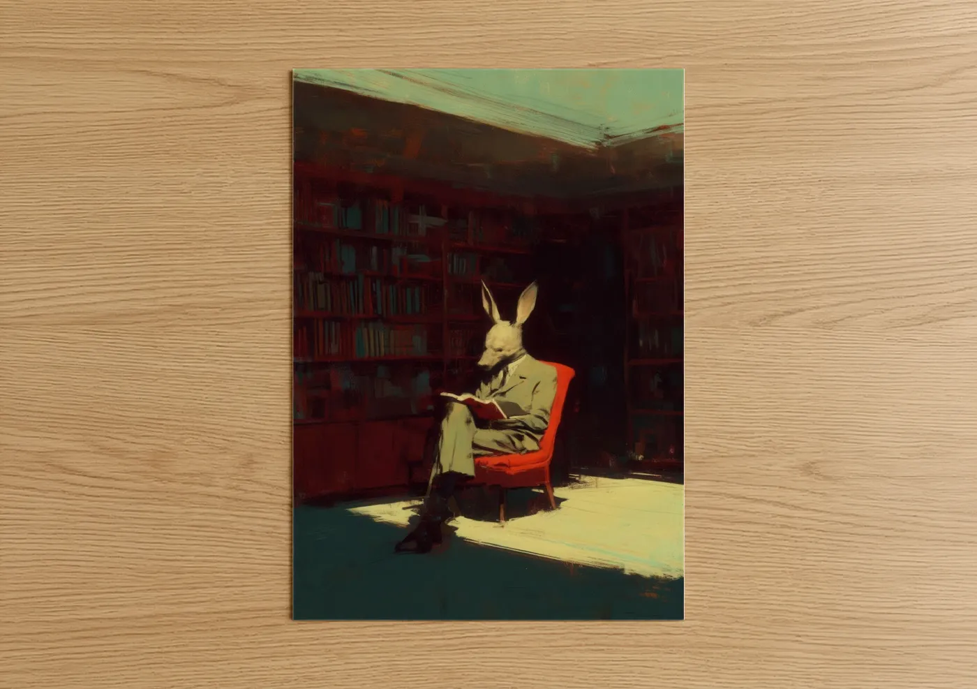Art print on warm oak wood — red and gold palette — Literary Aardvark poster