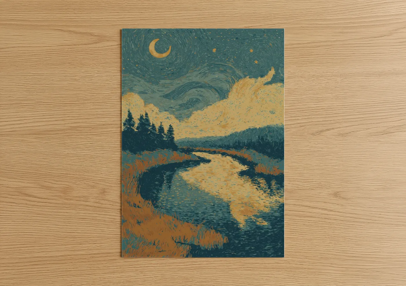 Rivers art print on warm oak wood — teal and yellow gold palette — Starlit River Valley poster
