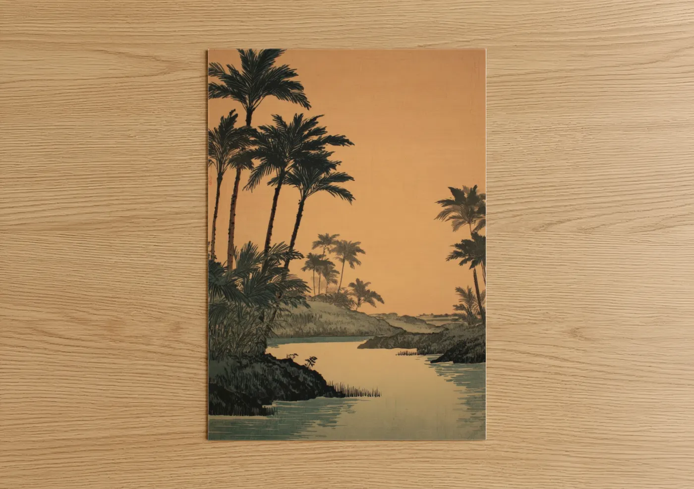 Art print on warm oak wood — gold and teal palette — Golden Oasis poster