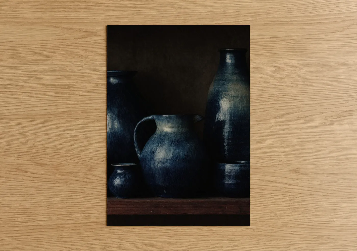 Art print on warm oak wood — dark blue and gray palette — Rustic Pottery Collection poster