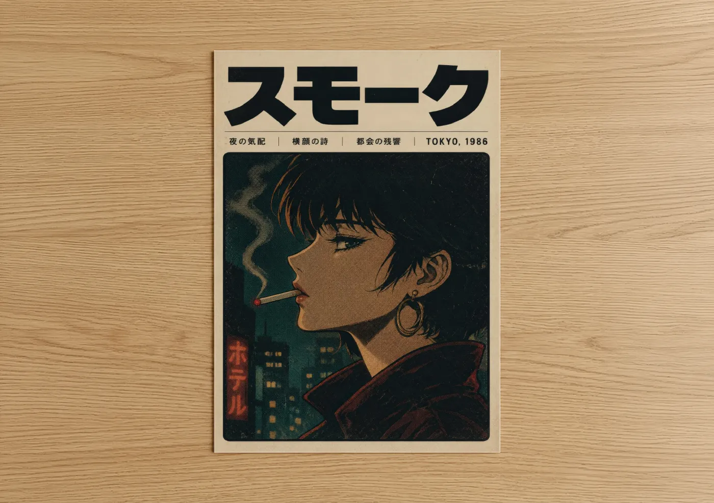 Smoking art print on warm oak wood — teal and beige palette — Tokyo 1986 Retro Anime Wall Art poster