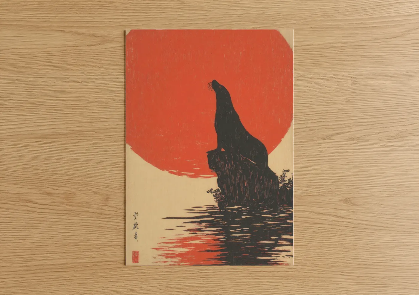 Art print on warm oak wood — red and black palette — Sunset Sea Lion poster