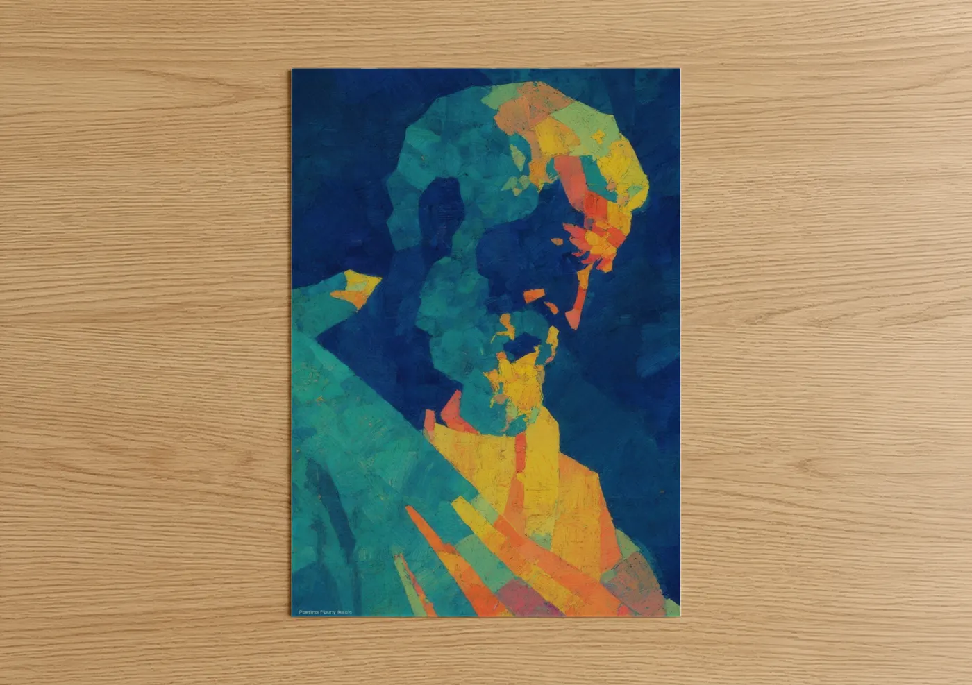 St. peter art print on warm oak wood — blue and yellow gold palette — Contemplative Saint Peter poster