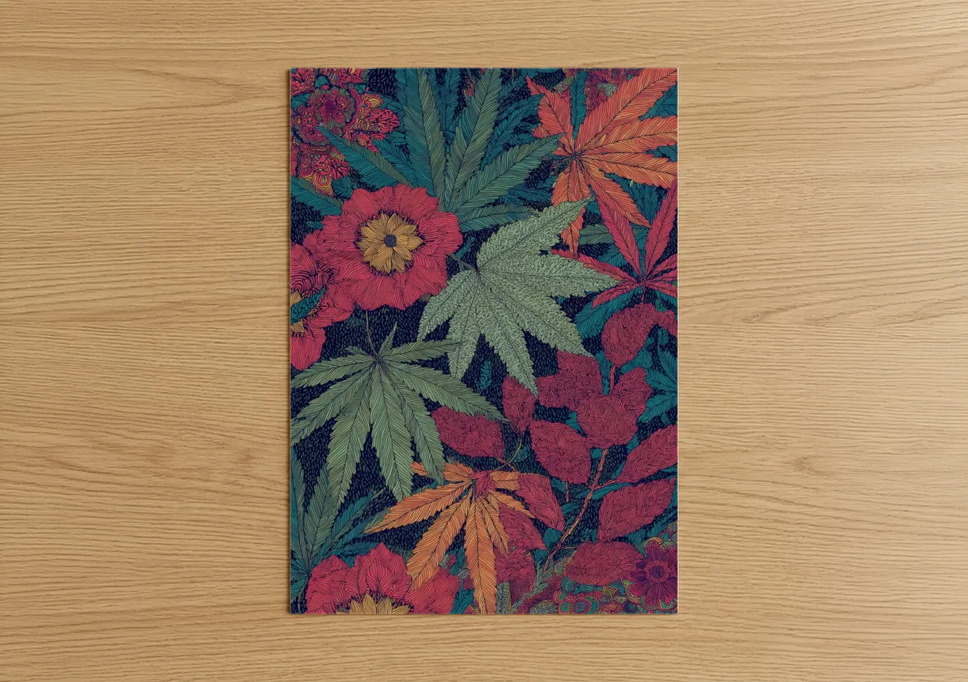 Art print on warm oak wood — magenta and dark blue palette — Botanical Cannabis Garden poster