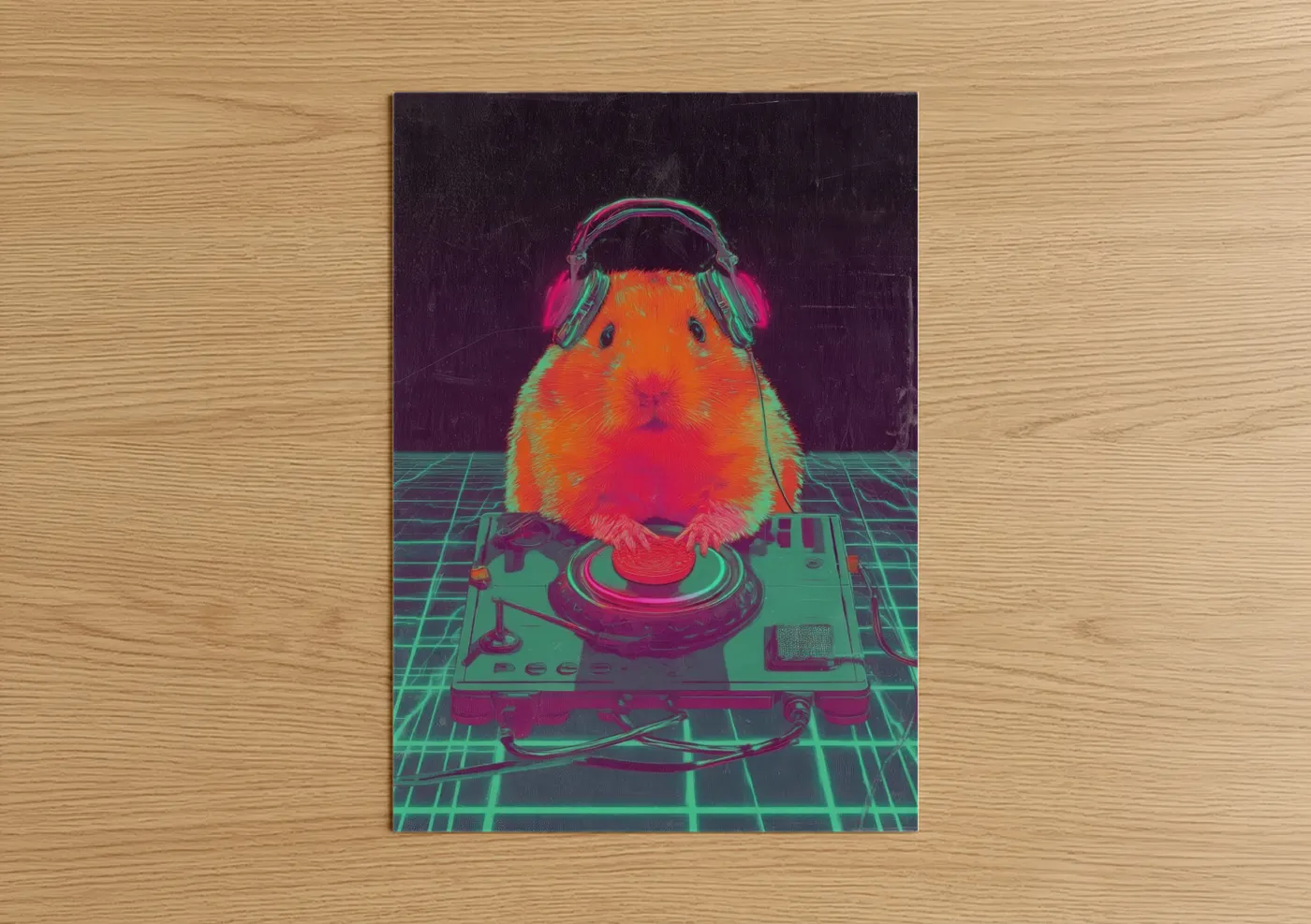 Art print on warm oak wood — magenta and teal palette — DJ Hamster poster