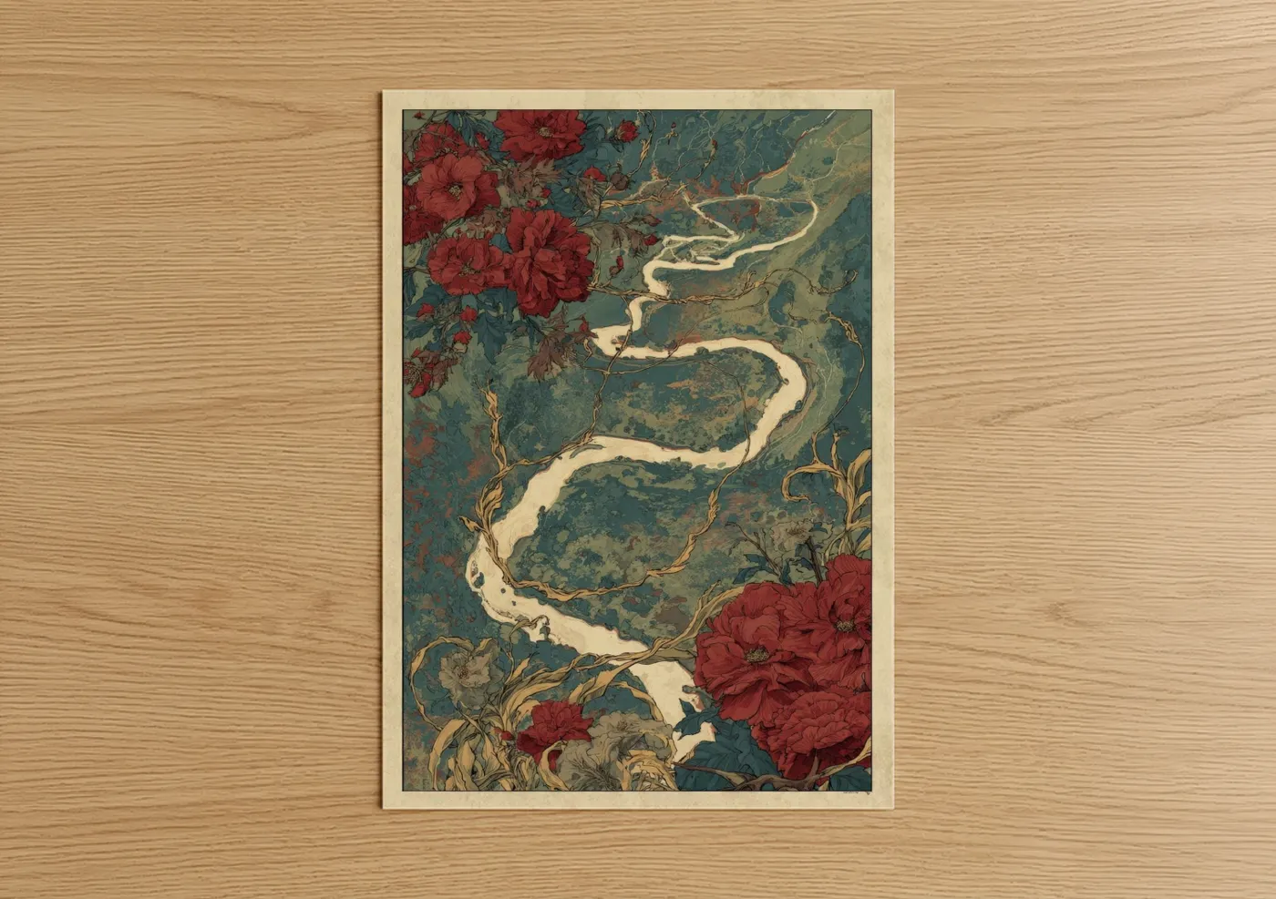 Road and highways art print on warm oak wood — teal and red palette — Winding River Road poster