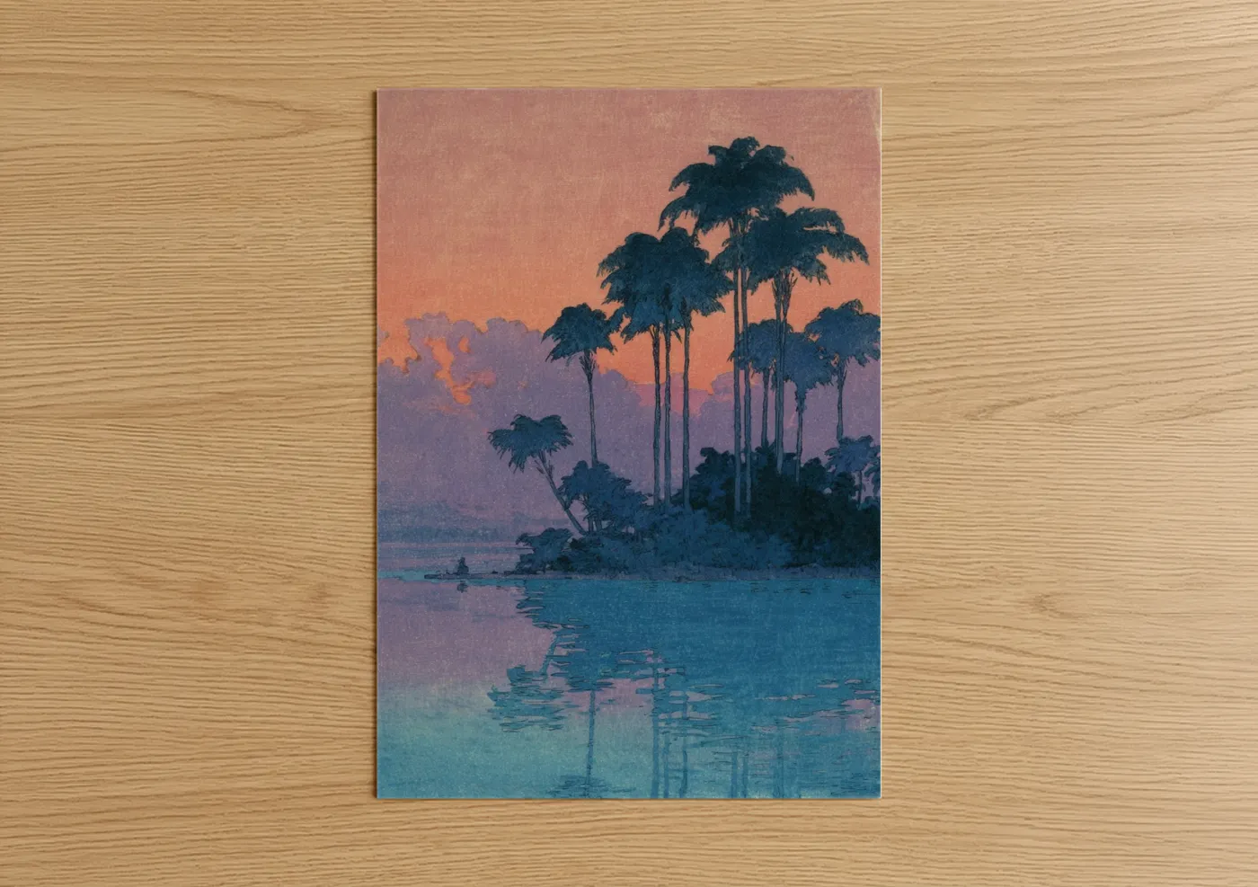Art print on warm oak wood — peach and teal palette — Tropical Island Sunset poster
