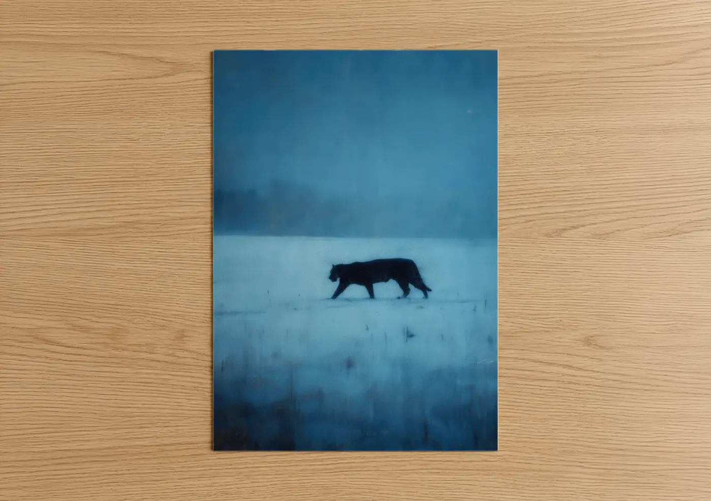Art print on warm oak wood — blue and white palette — Solitary Jaguar poster