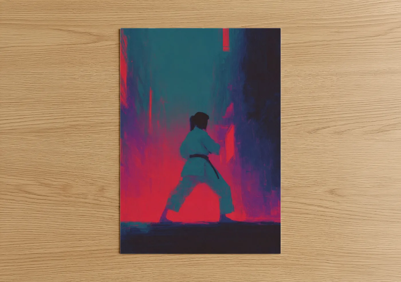 Art print on warm oak wood — magenta and teal palette — Neon Karate poster