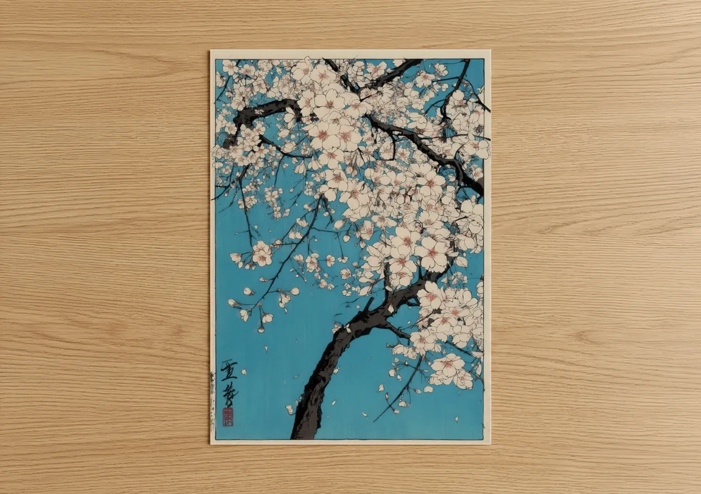 Cherry Blossom Branch Blue Sky Woodblock Wall Art