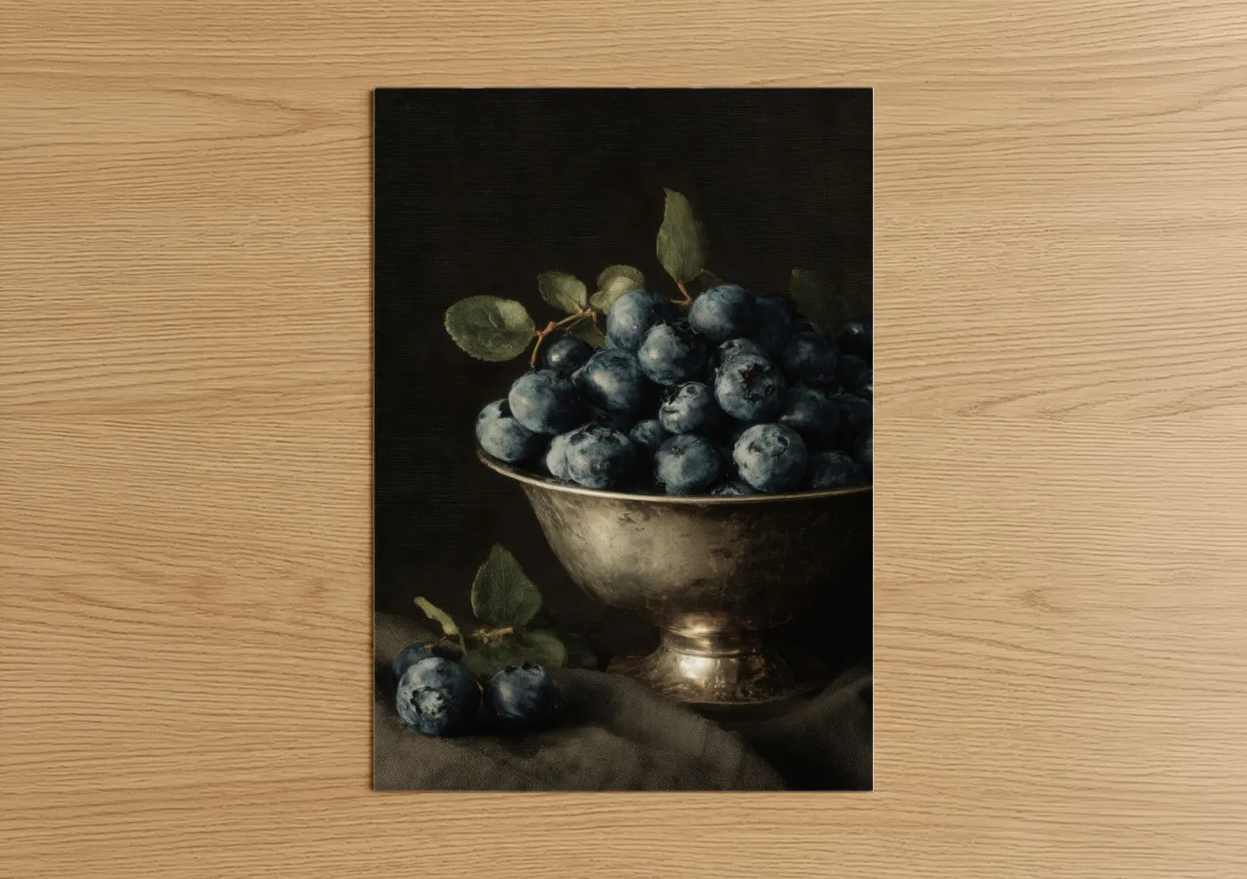 Fruit art print on warm oak wood — dark blue and gold and white palette — Blueberries Abundance poster