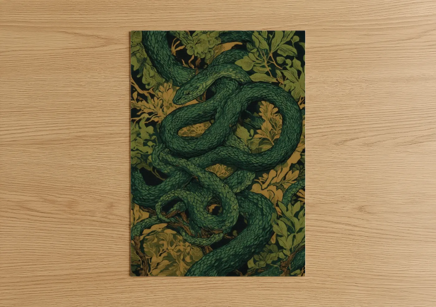 Art print on warm oak wood — dark green and gold palette — Emerald Viper Coil poster