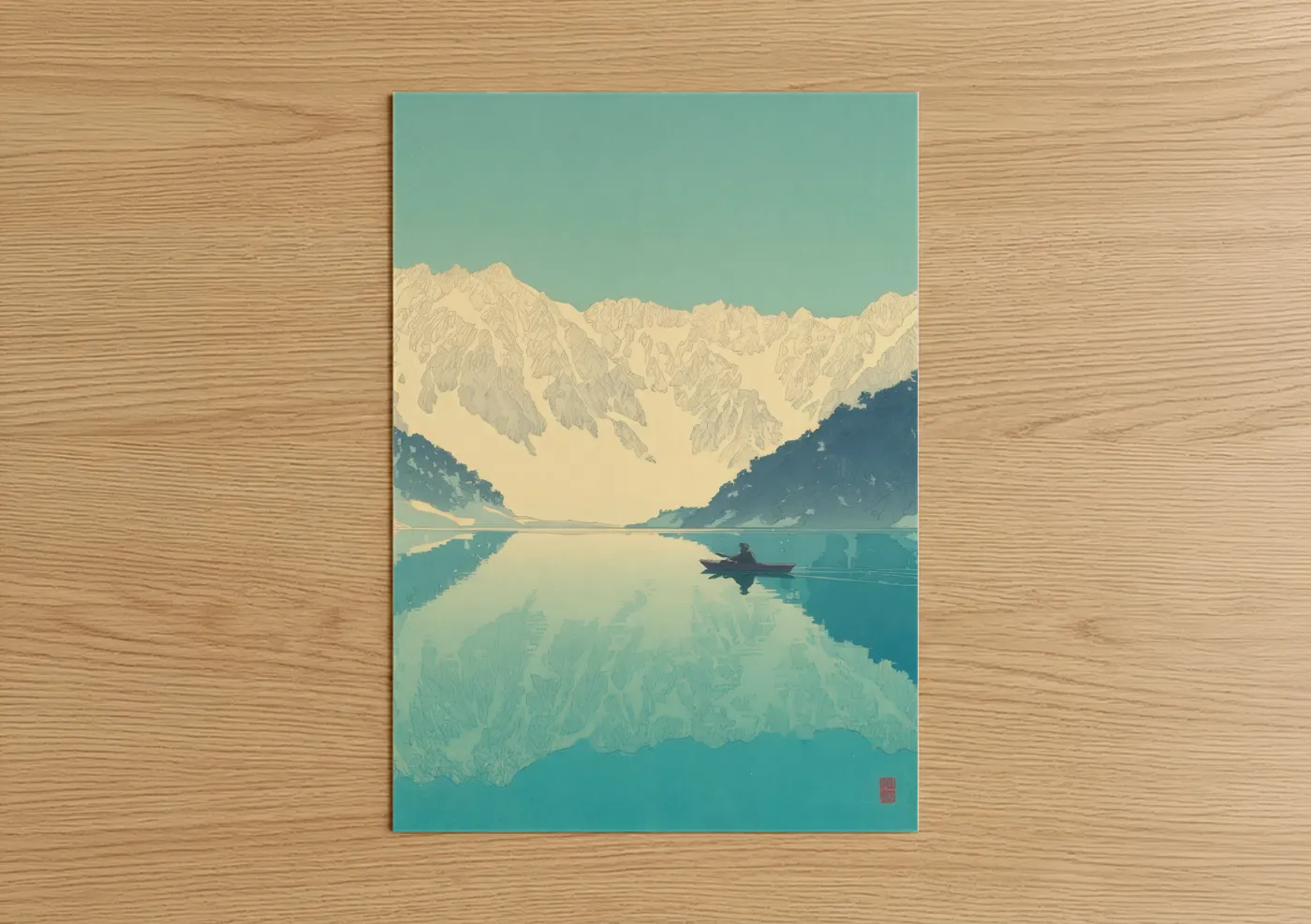 Canoeing and kayaking art print on warm oak wood — turquoise and cream palette — Alpine Lake Kayaking poster