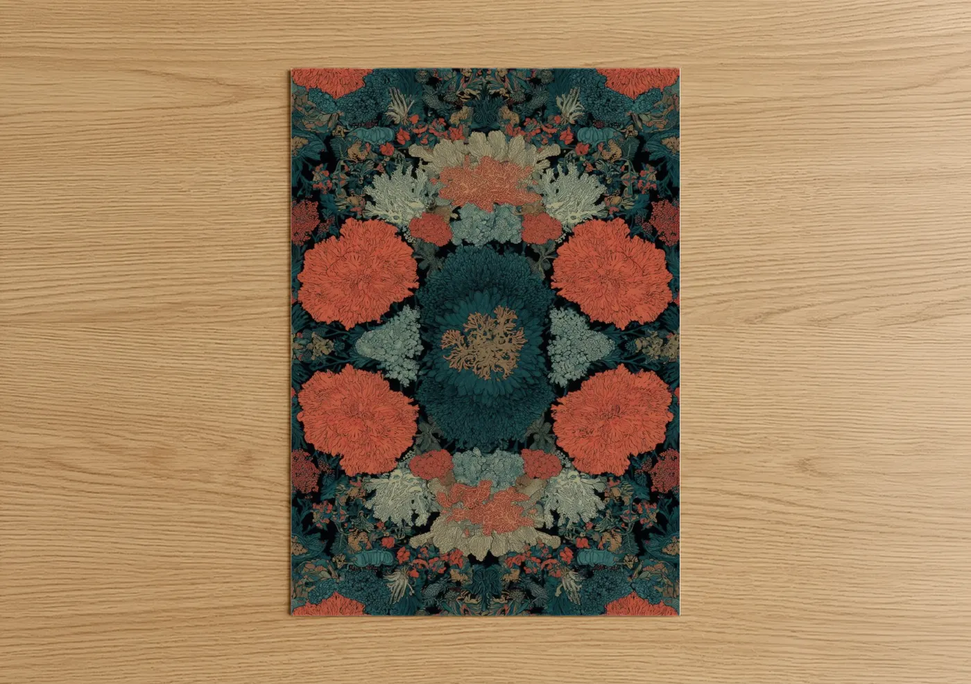 Art print on warm oak wood — russet and teal palette — Coral Kaleidoscope poster