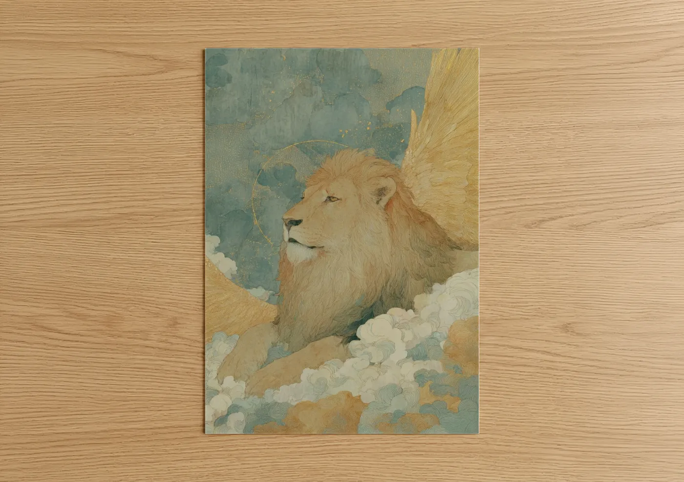 Leo art print on warm oak wood — gold and teal palette — Celestial Lion poster