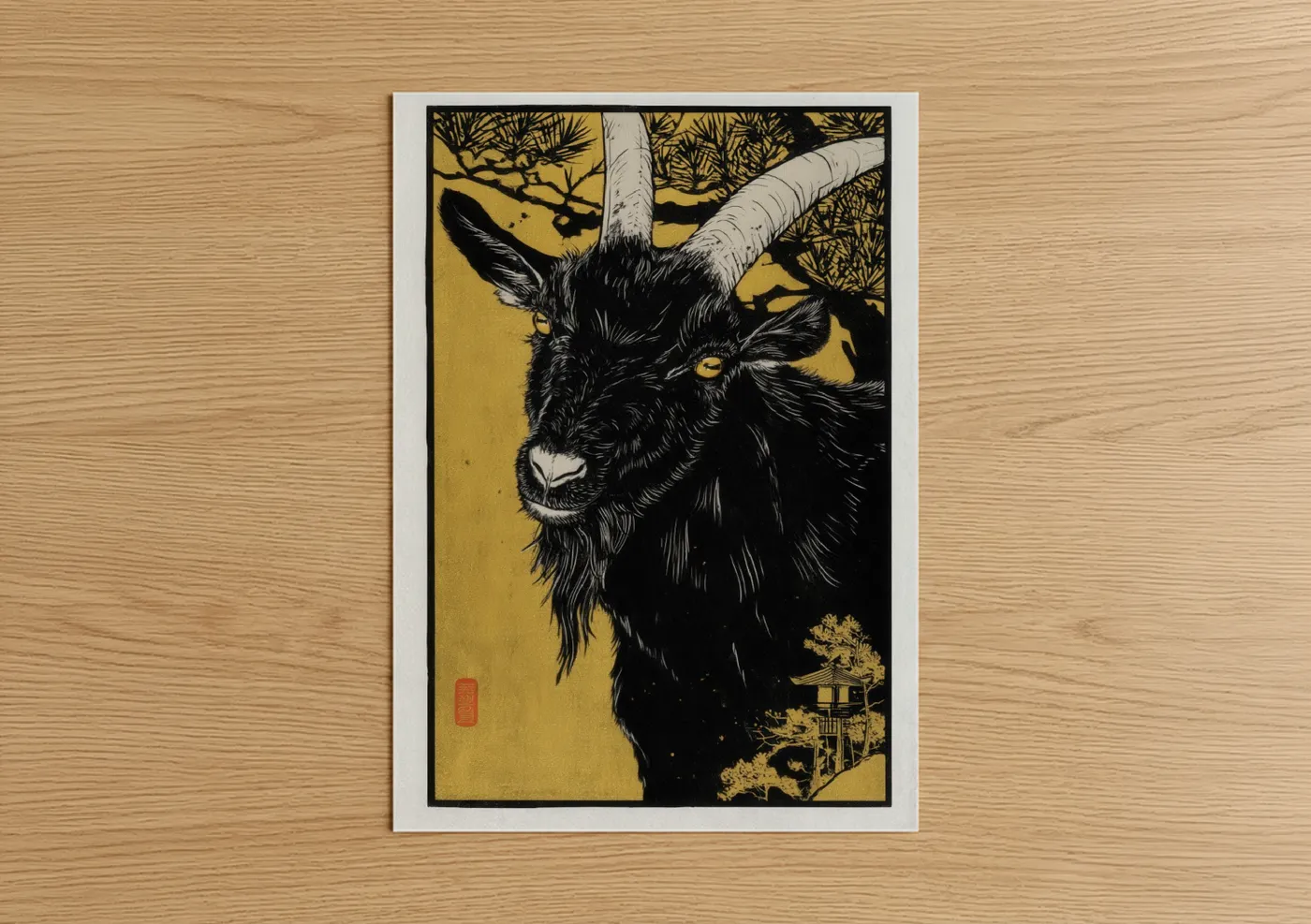 Art print on warm oak wood — gold and black and gold palette — Golden Goat poster