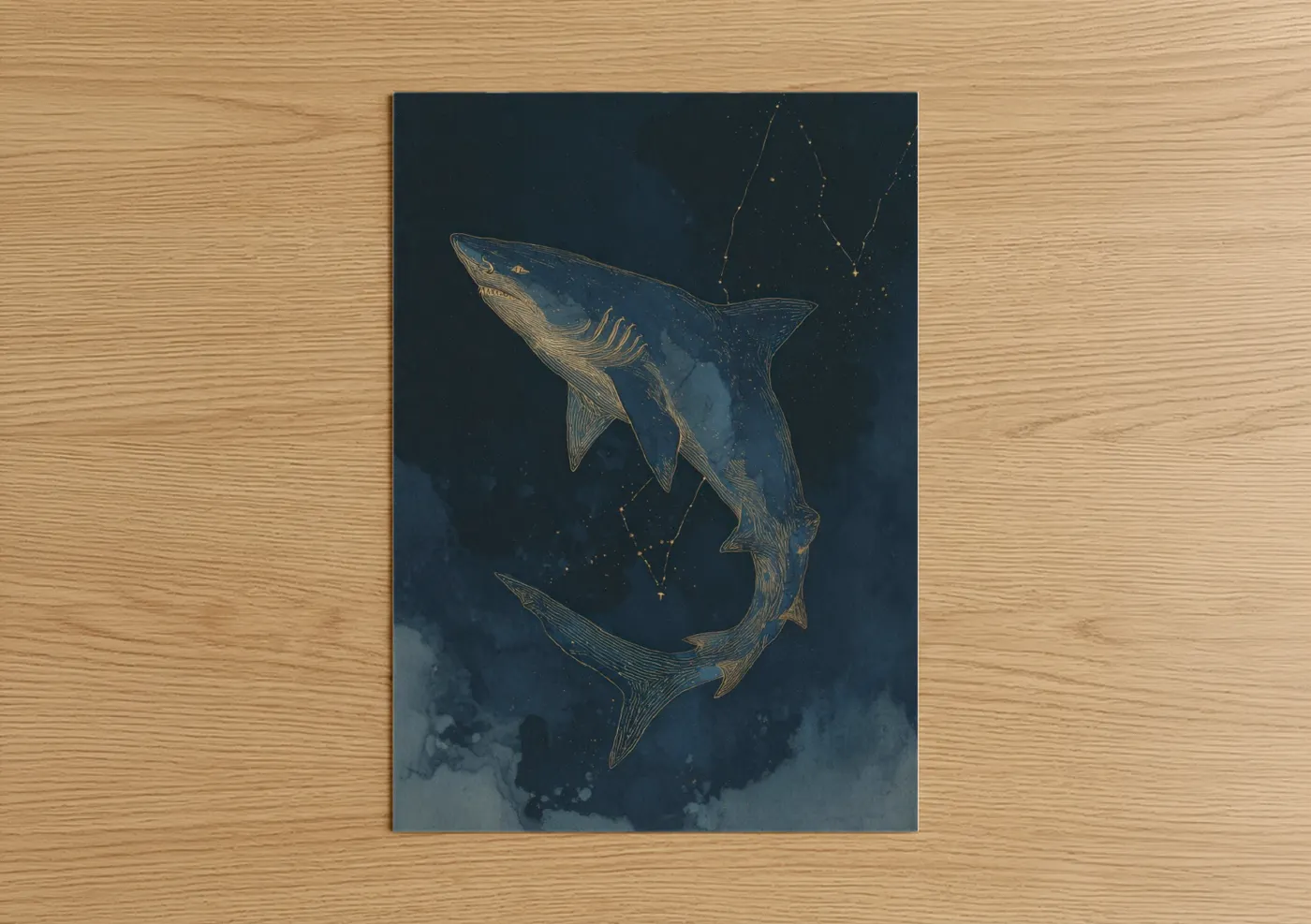 Art print on warm oak wood — dark blue and gold palette — Celestial Lemon Shark poster