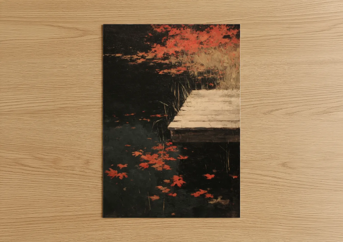Autumn Dock Reflection with Fall Leaves Wall Art