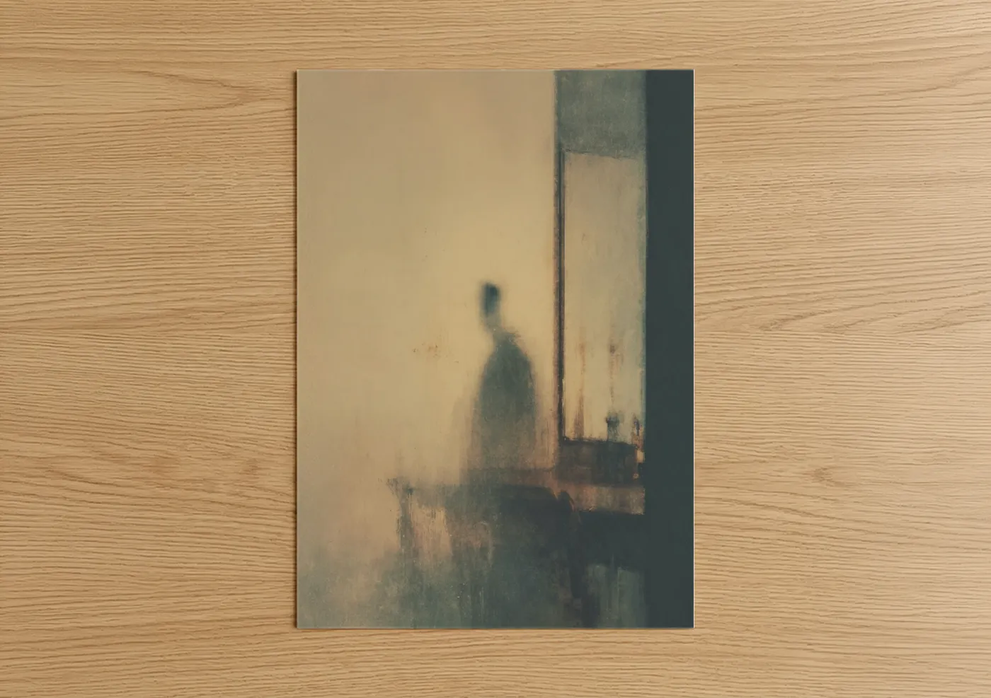 Art print on warm oak wood — sage green and nobel palette — Solitary Ghost poster